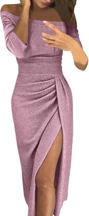 Generic Gold Velour Evening Dresses for Women UK Sexy Ladies Solid Elegant Glitter High Slit Tunics Maxi Dresses Work Occasion Party Prom Formal Gowns Velvet 