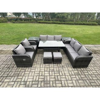 Fimous Outdoor Garden Patio Furniture Wicker Rattan Oblong Rectangular Dining Table and Lounge Sofa set with Adjustable Chair 3 Footstool Dark Grey Mixed