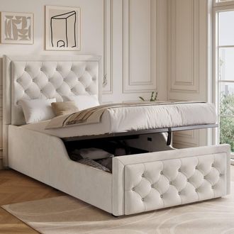 Matteo Childrens Upholstered Single Bed - Velvet Hydraulic Storage - Beige