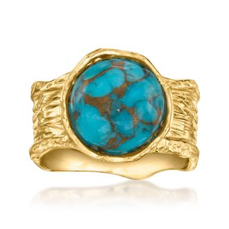 Ross-Simons Turquoise Wide-Band Ring in Textured and Polished 18kt Gold Over Sterling