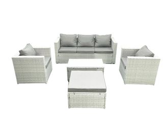 Fimous Rattan Garden Furniture Set with 3 Seater Sofa 2 Chair Rectangular Coffee Table Big Footstool Light Grey Mixed 6 Seater