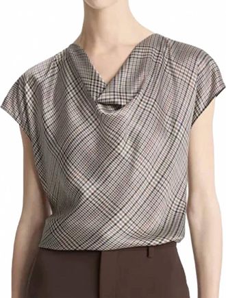 Vince Pressed Plaid Cowlneck Silk Top In Multicolor