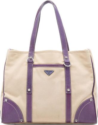 Prada Pre-owned Prada Studded Leather Trimmed Canvas Front Pocket Tote Ladies COGBIVZTMZLDWLCC