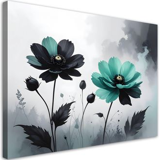 Feeby Cuadro Sobre Lienzo Flores Turquesas Y Crema En Una Composici&oacute;n Moderna 100x70