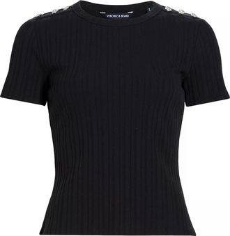 Veronica Beard Womens Draya Rhinestone Button Tee, Black