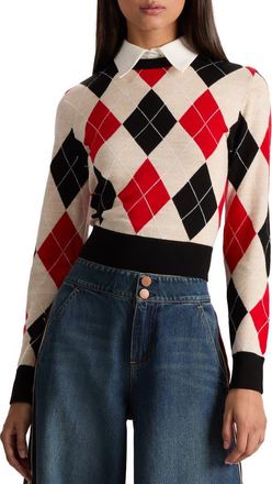 Alice & Olivia Carol Ann Wool Blend Argyle Sweater with Removable Collar in Oatmeal Heather /Black /Ruby at Nordstrom, Size X-Small