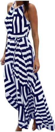 Generic Women Striped Print Halter Neck Maxi Dresses Summer Sleeveless Backless Belted Dress Vacation Casual Flowy Long Sundress for Ladies UK My Orders Sale 