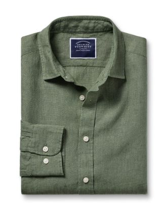 CHARLES TYRWHITT Pure Linen Shirt - Olive Green Single Cuff Size XL by Charles Tyrwhitt