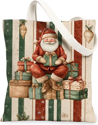 Generic Vintage Santa Canvas Tote Bag, Festive Holiday Design Reusable Shopping Bag, Lightweight Washable Shoulder Strap Tote for Christmas Gifts 13x15 Inch