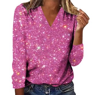 Generic Sequin Top for Women UK Sparkly Tunic Blouses Shiny Long Sleeve V Neck T Shirt Party Night Club Casual Loose Dressy Tee Ladies Elegant Glitter Shirts 