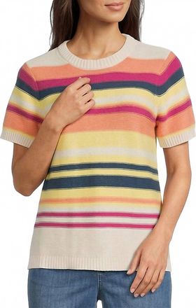 Pendleton Ribbed Knit Textured Stripe Crew Neck Short Sleeve Top In Pink/ecru/multi