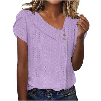 Generic White Tops for Women UK, Ladies Tops 2026 Womens Summer Cotton Linen Cap Sleeve T-Shirt Button V Neck Tunic Top Fashion Baggy Solid Plain Casual Shirt