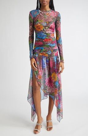 Area Crystal Embellished Floral Long Sleeve Tulle Midi Dress in Pink Multi at Nordstrom, Size X-Small