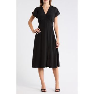 BOSS Dawarina Short Sleeve Silk Fit & Flare Dress in Black at Nordstrom Rack, Size 14