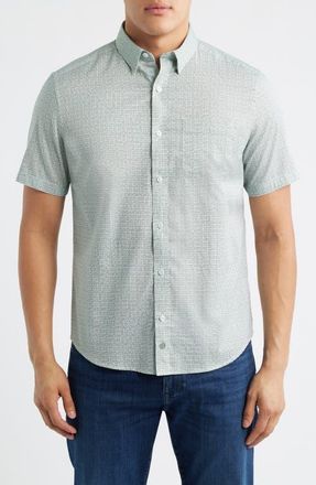 Johnston & Murphy Logan Microprint Short Sleeve Cotton Blend Button-Up Shirt in Green Hashed Squares at Nordstrom, Size Xxx-Large