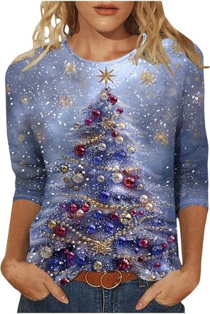 Generic Christmas T Shirt for Women Sparkly Tops UK,Santa Claus Funny Graphic Xmas Tops Christmas Tree Snowflake Printed Sweatshirt Crew Neck 3/4 Sleeve Pullo