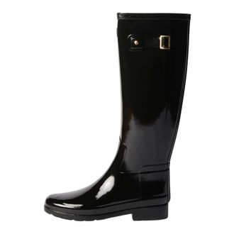 Hunter Schoenen, Dames, Zwart, 37 EU, Polyester, Verfijnde Hoge Glanzende Laars met Goudkleurige Trim