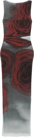 Jean Paul Gaultier Dark Red Blurry Roses Print Sleeveless Tulle Maxi Dress