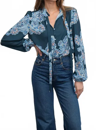 Greylin Cierra Button Up Tie Neck Blouse In Teal