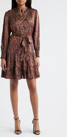 Julia Jordan Tiered Long Sleeve Tie Waist Button Front Satin Dress in Brown Multi at Nordstrom, Size Medium