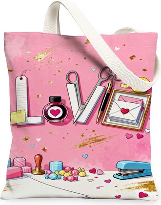 Generic Peach Love Canvas Tote Bags, Innovative Heart Design Reusable Shopping Bags, Spring Floral Lightweight Washable Shoulder St, Peach, 13x15 Inch