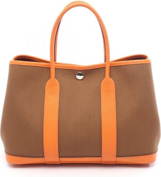 Herm&egrave;s Alezan Brown Orange Canvas Leather Tote Bag (Pre-Owned)