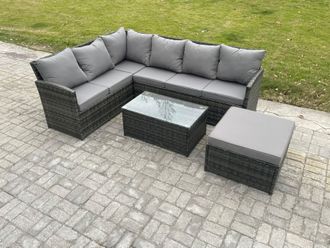 Fimous 7 Seater Rattan Lounge Corner Sofa Set Wicker PE Outdoor Garden Furniture Set with Coffee Table Big Footstool in Dark Grey