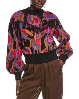 Farm Rio Farm Rio Wild Horses Black Fringe Wool-Blend Sweater