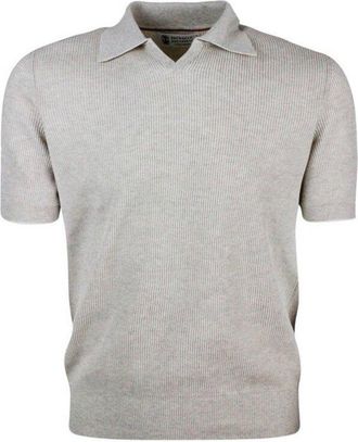 Brunello Cucinelli Oat Ribbed Knit Polo Sweater, Brand Size 46 (US Size 36)