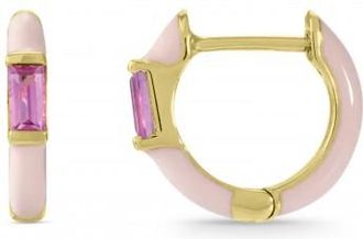 Allurez Natural Pink Tourmaline & Pink Enamel Hoop Earrings 14K Yellow Gold (0.13ct)