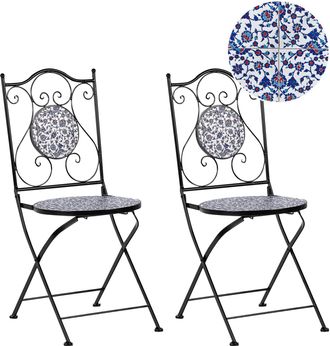 Beliani Conjunto De 2 Sillas De Exterior De Metal De Estilo Vintage Motivo Mosaico Plegable Estructura De Hierro Negro Azul Camprena