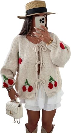 Generic Women Front Tie Knitted Cherry Cardigans, Ladies Casual Soft Warm Knitwear Long Sleeve Slouchy Boyfriend Short Cardigan Sweater Top Jumper UK One Size