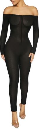 Naked Wardrobe Net Off the Shoulder Long Sleeve Mesh Jumpsuit in Black at Nordstrom, Size Small