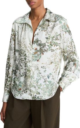 Vince Grape Vine Placed Smocked Silk Blouse
