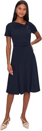 Calvin Klein Short Sleeve Belted Aline Womens Dress Indigo : 12, Polyester/Spandex