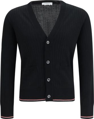 Thom Browne Ribbed Merino Wool Cardigan - Heren - Truien - Zwart - Maat: L Wol