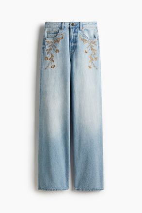 H&M Wide Ultra High Jeans - Helles Denimblau/Blumen