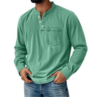 Generic Mens Shirts Henley Shirts for Men Water Washed Long Sleeve Rugby Polo Shirt Casual Distressed V Neck Pullover Sweatshirts Pocket Mint Green 5X-Large