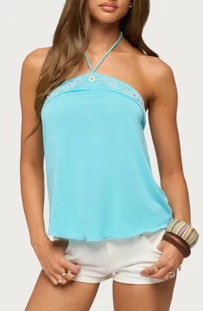 Edikted Thayer Beaded Halter Top in Aqua at Nordstrom, Size X-Large