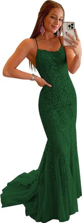 Generic Mermaid Long Party Dresses for Teens Spaghetti Strap Tulle Prom Gowns Backless Lace Applique Formal Evening Dress Emerald Green