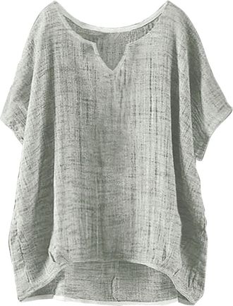 Generic Linen Vest Tops for Women UK Blue Pleated Wedding Tunic Womens Clothes Sale Clearance Womens Summer Short Sleeve Solid Casual Loose Linen Top (01-B-Gr