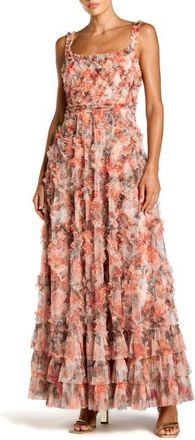Mac Duggal Floral Mesh Sleeveless Micro Ruffle A Line Gown in Cream Multi at Nordstrom, Size 12