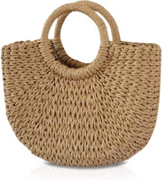 Nicole & Doris NICOLE&DORIS New Womens Summer Beach Bag Handle Rattan Straw Bag Woven Handbag for Lady 30x10x20cm, Khaki, M