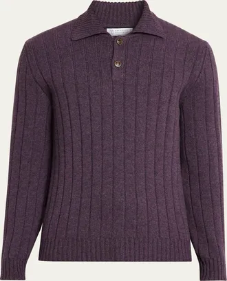 Brunello Cucinelli Mens Cashmere Rib-Knit Polo Sweater