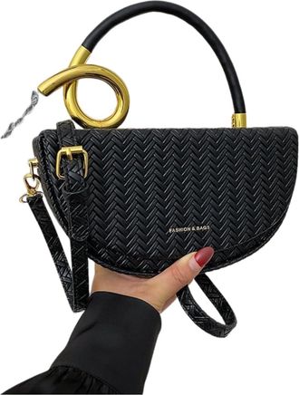 Generic Womens Woven Handbag with Gold Ring Handle, Red and Black Available (Black)