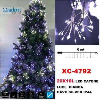 Trade Shop Trade Shop - Catena Luminosa 200led 20x10luci Con Ciuffi Luce Bianca Cavo Silver Ip44 Xc-4792
