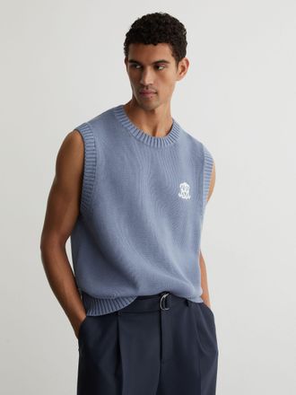 Reiss Powder Blue Monogram Embroidered Relaxed Knit Vest, Xxl