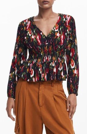 Desigual Kanazawa Floral Print Long Sleeve Shirt in Black at Nordstrom, Size X-Small