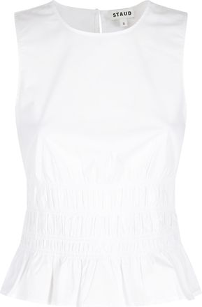 Staud White Culver Elasticized-Ruffles Cotton Tank Top