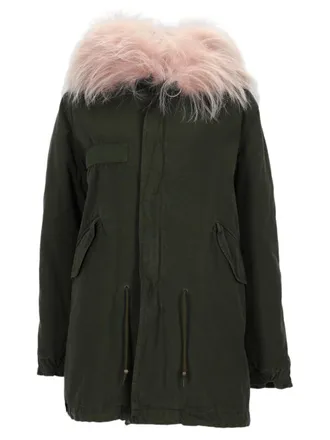 Mr & Mrs Italy Parka With Deep Olive Green Body And Plush Pink Fur Trim